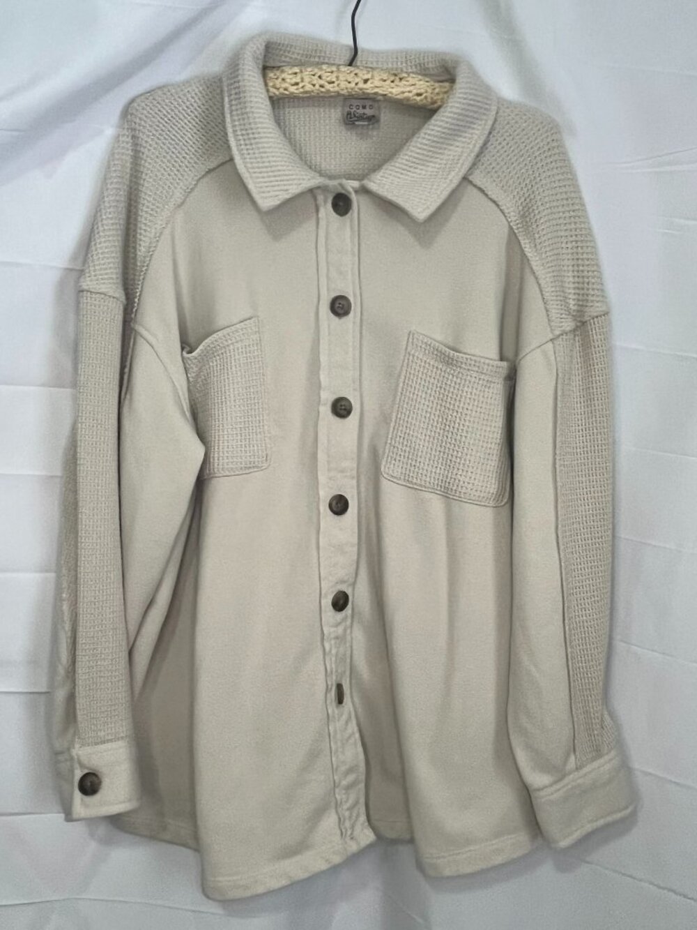 Como Vintage Women's Shirt Jacket Waffle Knit Cream Ivory Front Pockets 2X